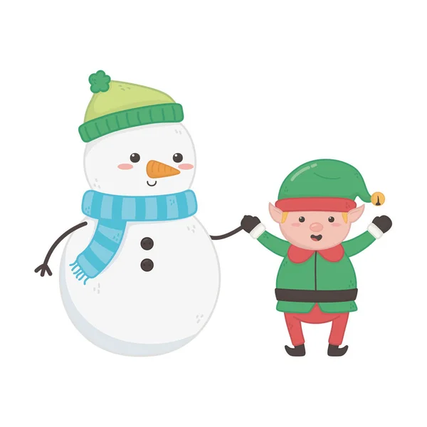 Snowman and elf holding hands decoration merry christmas — Stock Vector