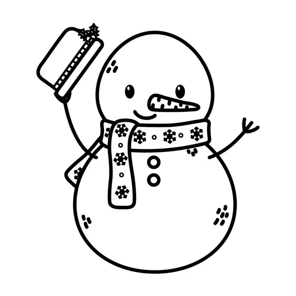 Snögubbe viftande hatt fest glad jul tjock linje — Stock vektor