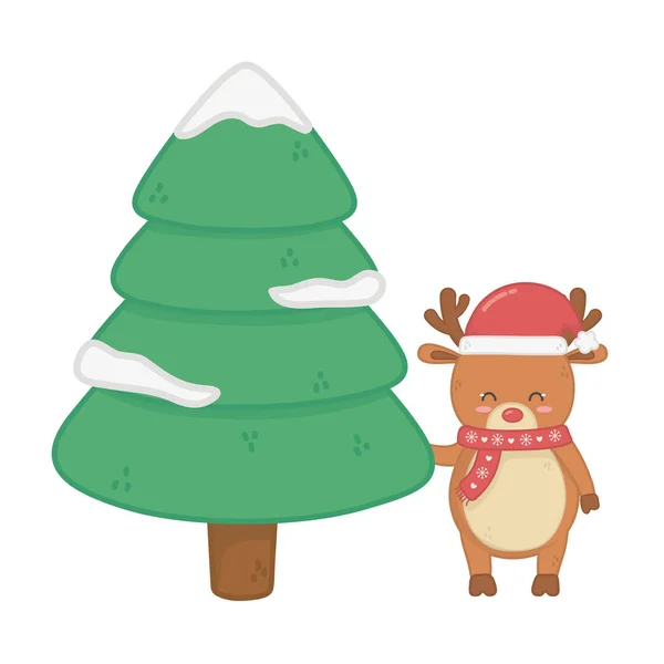 Rendieren met hoed en boom sneeuw decoratie vrolijk kerstmis — Stockvector