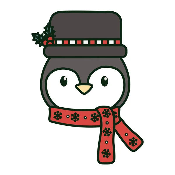 Cute penguin head with hat and scarf celebration merry christmas — стоковый вектор