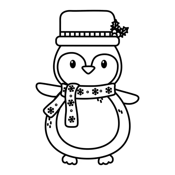 Söt pingvin med hatt och halsduk firande glad jul tjock linje — Stock vektor
