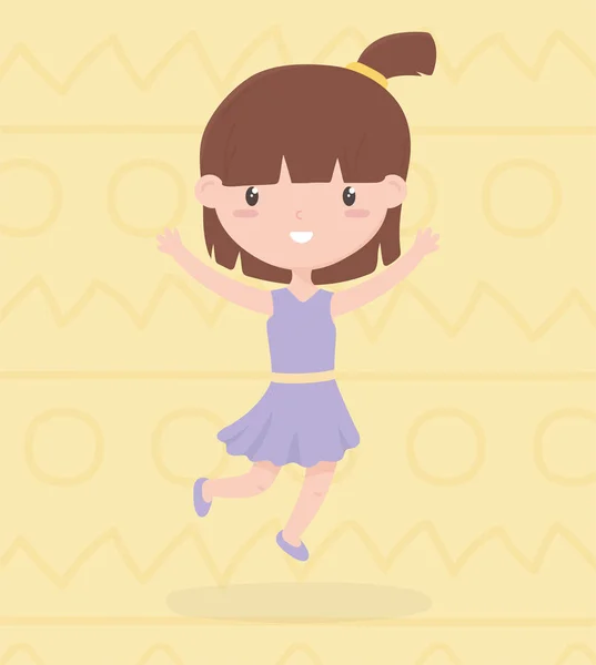 Día de los niños felices, niña linda con cola de pony y vestido de púrpura. — Vector de stock