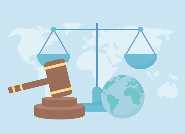 Direitos humanos, a lei do martelo mundial equilibram justiça —  Vetores de Stock