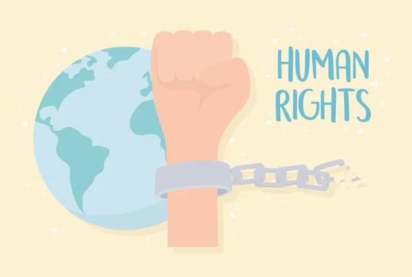 Ανθρώπινα δικαιώματα, χέρι με χειροπέδες και τον κόσμο της αλυσίδας — Διανυσματικό Αρχείο