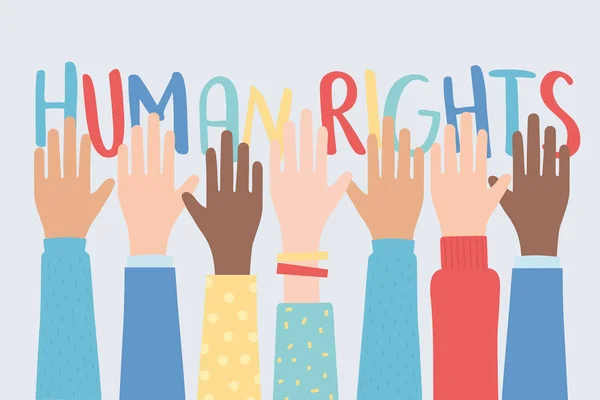 Human rights, raised hands together community — Stock Vector