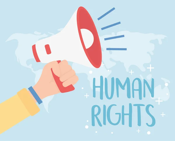 Ανθρώπινα δικαιώματα, χέρι με μεγάφωνο παγκόσμιο χάρτη — Διανυσματικό Αρχείο