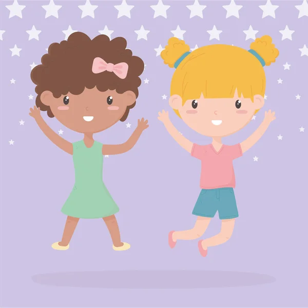 Boldog gyermek nap, két kislány kezét fel ünneplő rajzfilm — Stock Vector