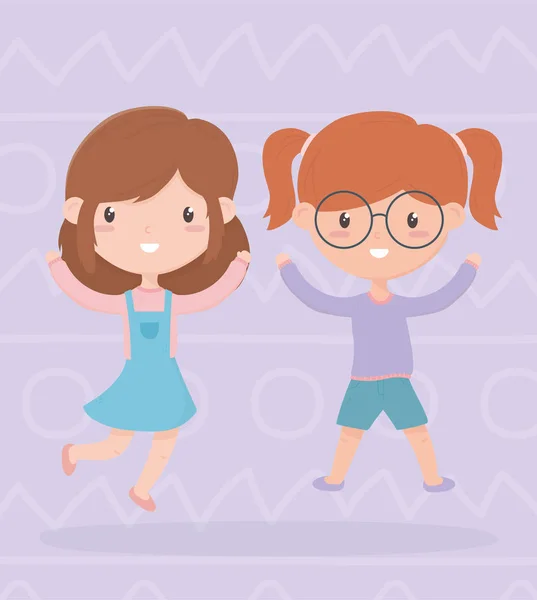 Fröhlicher Kindertag, zwei kleine Mädchen mit erhobenen Händen feiern Cartoon — Stockvektor