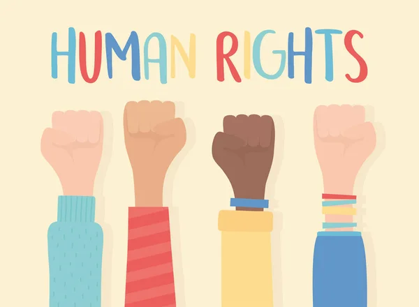 Ανθρώπινα δικαιώματα, σήκωσε τα χέρια στην επιγραφή χειρονομία γροθιά — Διανυσματικό Αρχείο