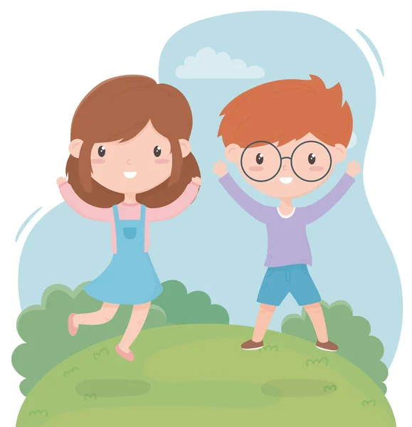 Fröhlicher Kindertag, lustiger kleiner Junge und Mädchen auf dem Feld — Stockvektor