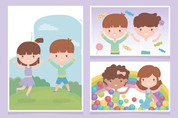 Día de los niños felices, los niños pequeños y lindos celebran tarjetas de felicitación. — Archivo Imágenes Vectoriales
