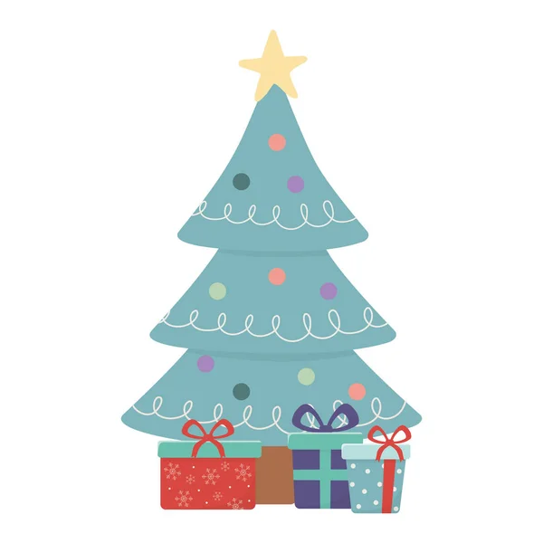 Tree balls star gift boxes celebration merry christmas — Stockvector