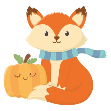 cute fox with scarf and pumpkin autumn