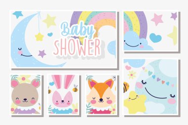 cute female fox rabbit and bear rainbow clouds baby shower card