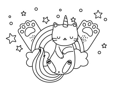 Tek boynuzlu at kedi çizgi film vektör tasarımı