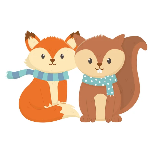 Cute fox and squirrel with scarf autumn — Stockvektor