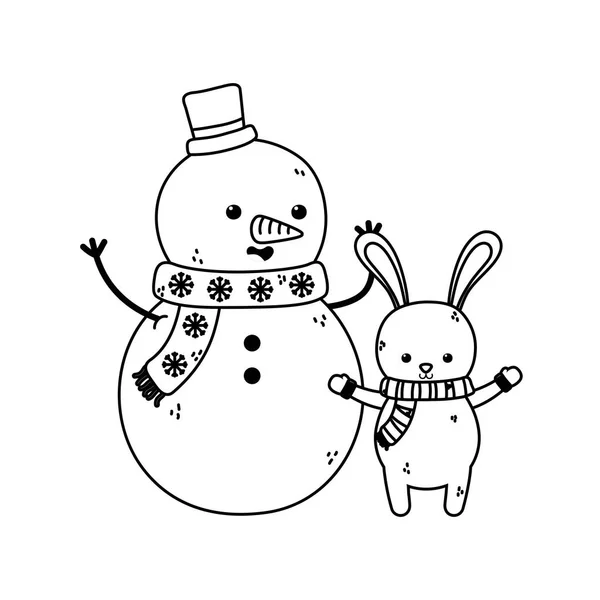 Милий сніговик і кролик з шарфом і капелюхом весела різдвяна товста лінія — стоковий вектор
