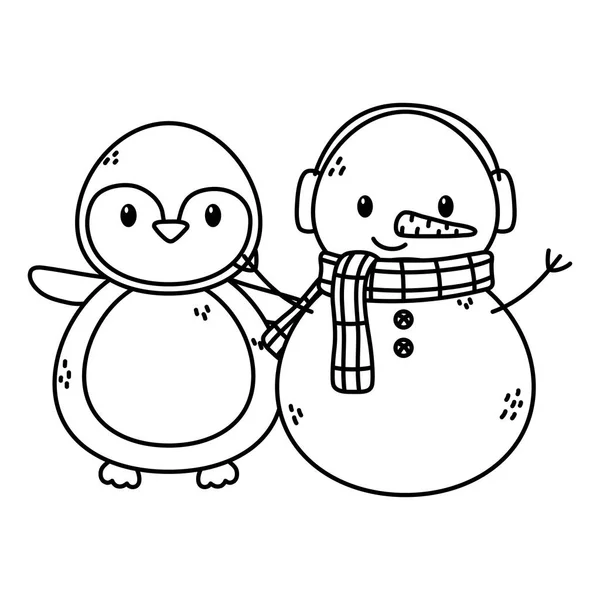 Snögubbe med halsduk och pingvin firande glad jul tjock linje — Stock vektor