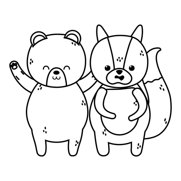 Urso polar bonito e esquilo desenho animado linha grossa — Vetor de Stock