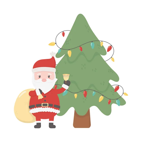 Santa with bag bell and tree lights celebration merry christmas — Stock Vector