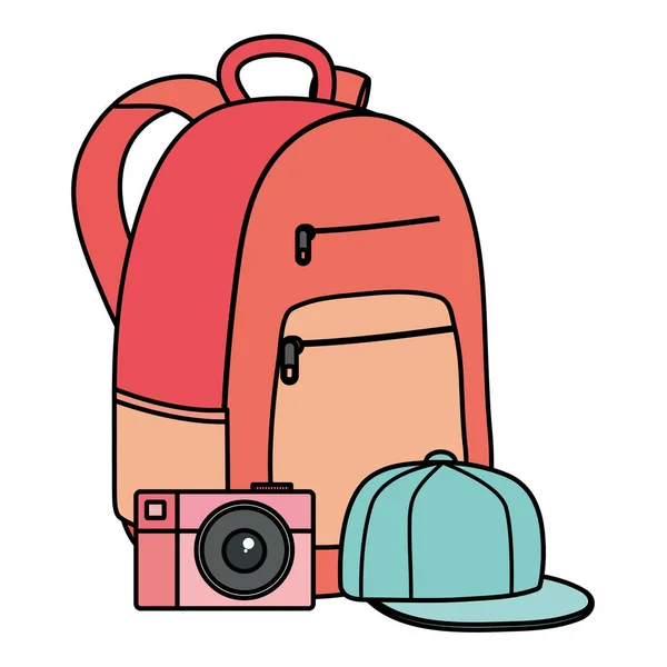 Schoolbag with sport cap and camera photographic —  Vetores de Stock