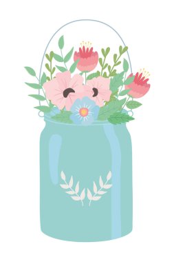 Saksı vektör tasarımında çiçekler ve yapraklar