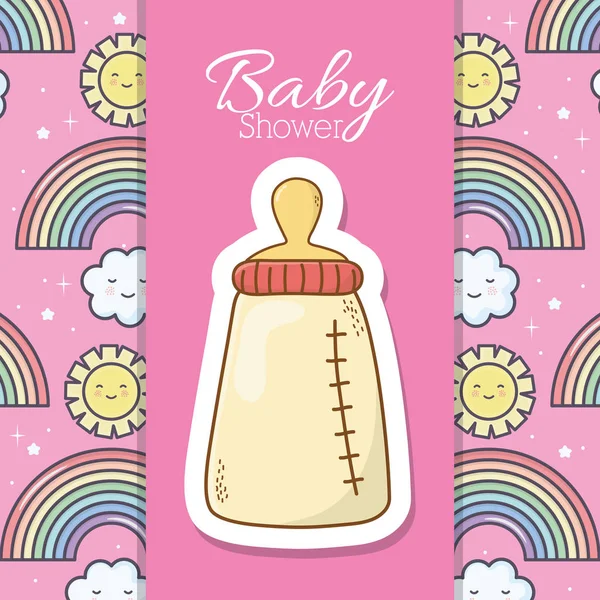 Baby shower feeding bottle rainbow sun clouds pink banner — Image vectorielle