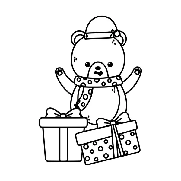 Cute bear with gifts scarf and hat merry christmas thick line — Stockvektor