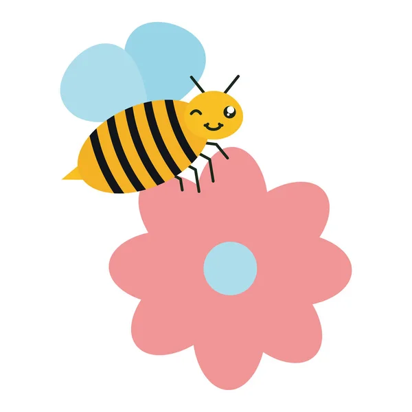 Fleurs jardin avec petite abeille volante caractère kawaii — Image vectorielle