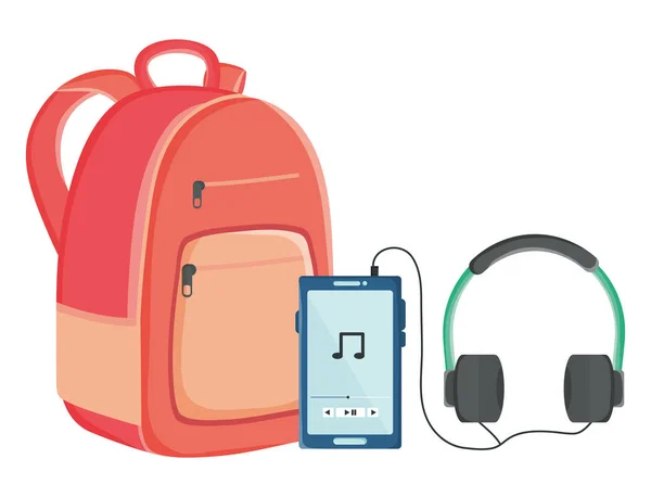 Smartphone mit Musik-Kopfhörer und Schultasche — Stockvektor
