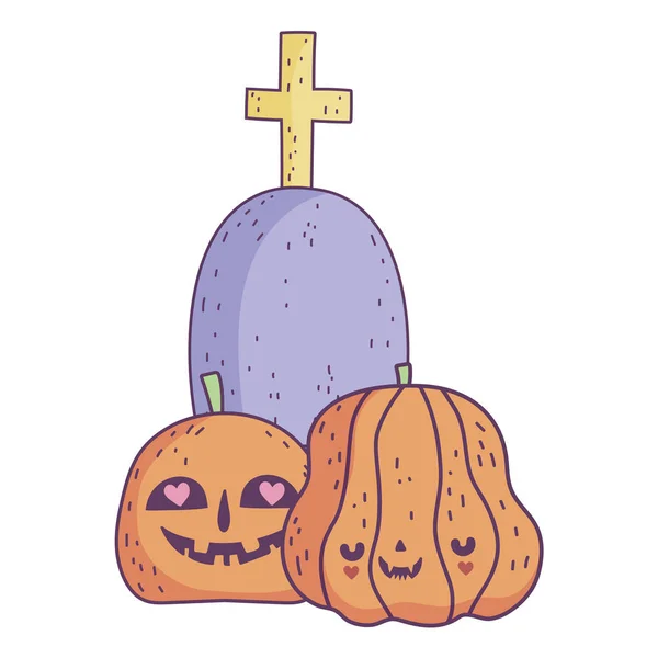 Happy halloween celebration pumpkins gravestone with cross — Image vectorielle