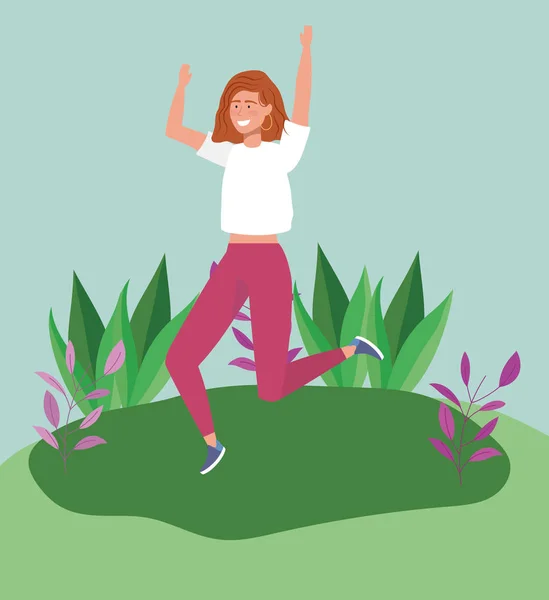 Jumping woman in the meadow with foliage —  Vetores de Stock