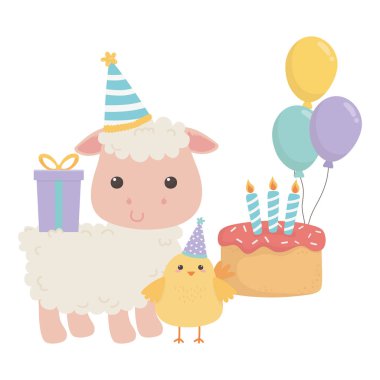 Sheep and chicken cartoon with happy birthday icon design