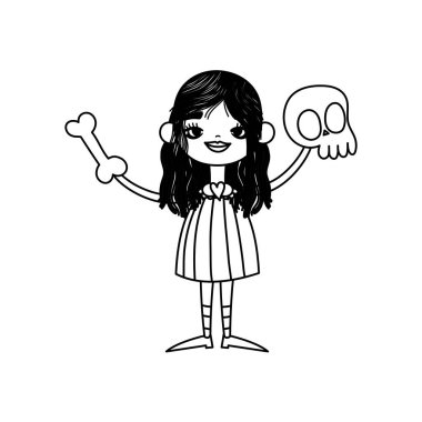 happy halloween celebration girl with skull and bone thick line