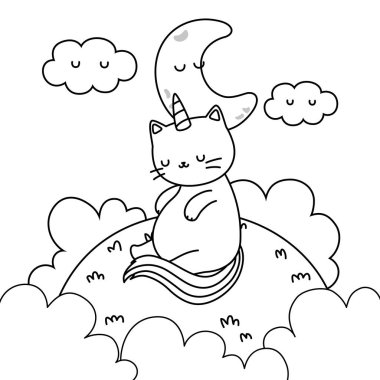 Tek boynuzlu at kedi çizgi film vektör tasarımı