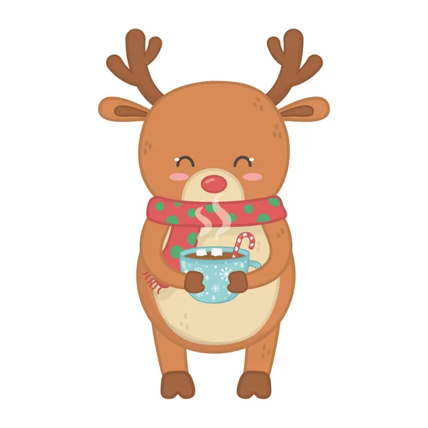 Rendieren met sjaal met chocolade beker decoratie vrolijk kerstmis — Stockvector