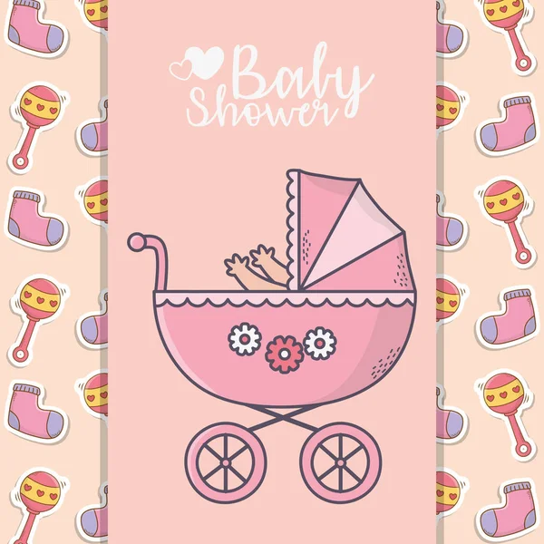 Baby shower pink pram with socks and rattle background banner — Image vectorielle