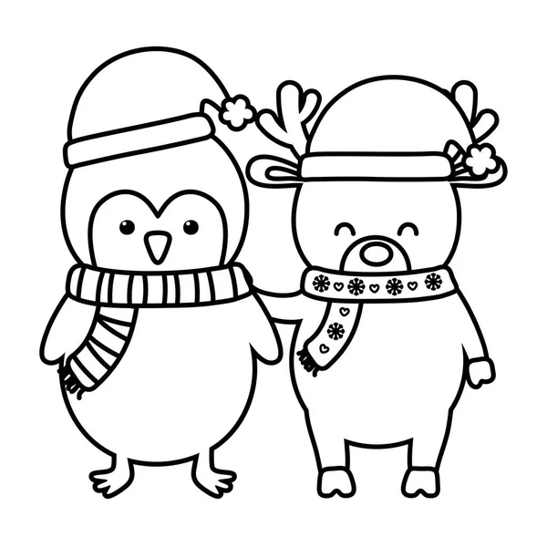 Reindeer and penguin with hats decoration merry christmas line style — Stockový vektor