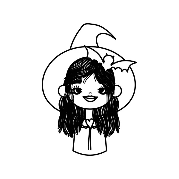 Happy halloween celebration girl with hat witch bat thick line — Stock Vector