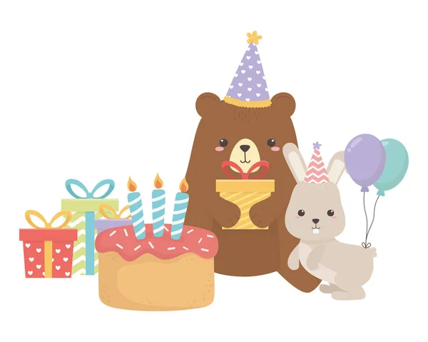 Bear and rabbit with happy birthday icon design — Vetor de Stock