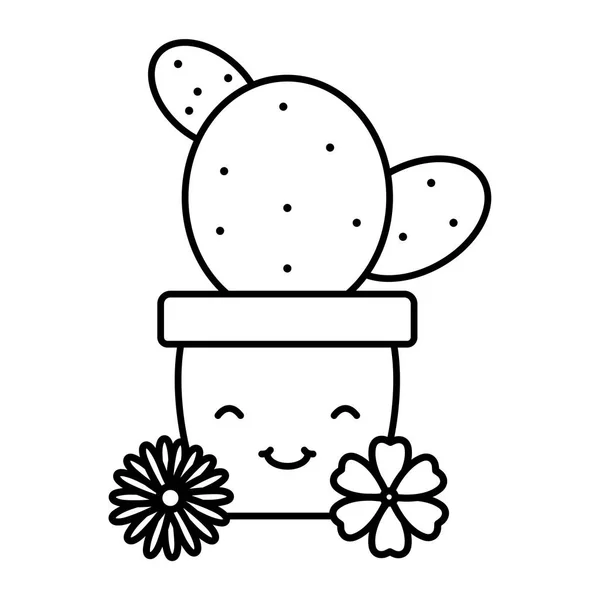 Cactu and flowers in ceramic pot kawaii — Vector de stock