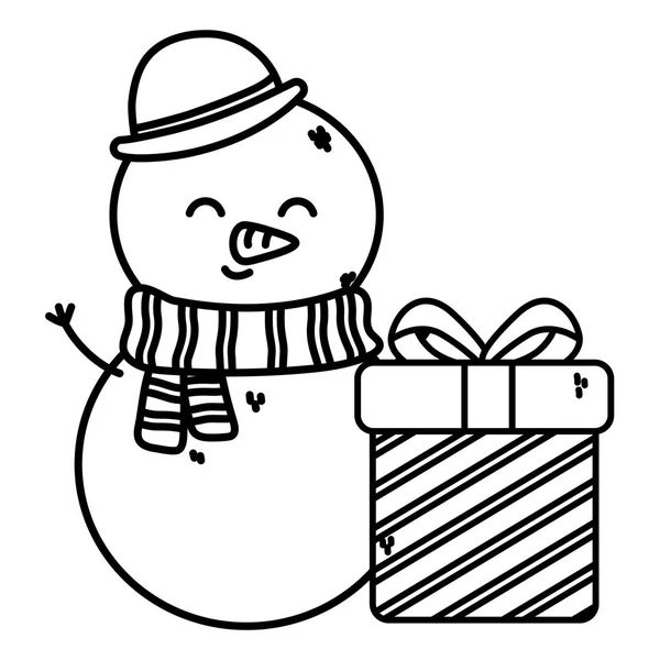 Snowman wearing hat scarf with gift box merry christmas thick line — Image vectorielle