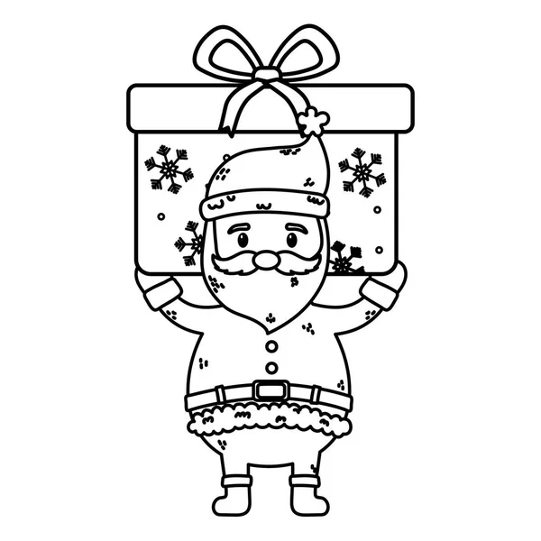 Santa carrying big gift celebration merry christmas thick line — Vector de stock