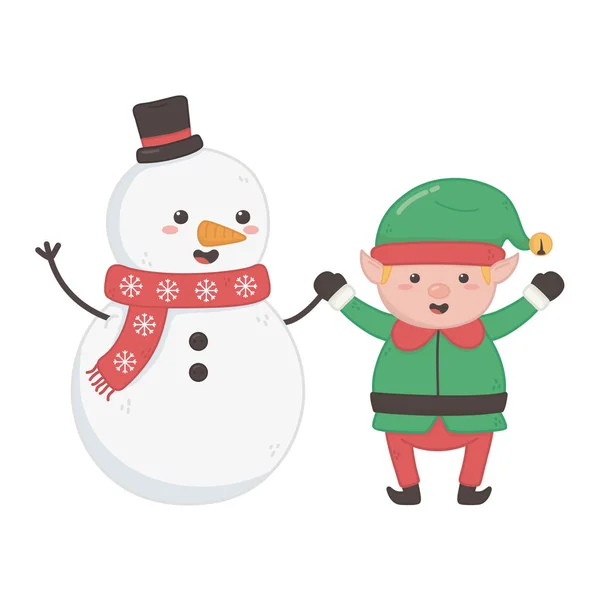 Snowman and elf holding hands decoration merry christmas — Stockvector