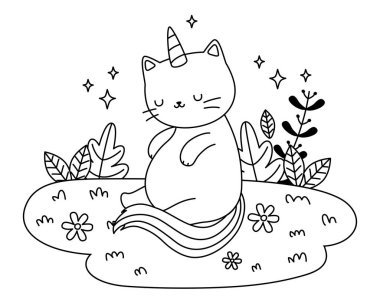 Tek boynuzlu at kedi çizgi film vektör tasarımı