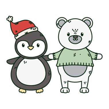 Kazaklı kutup ayısı ve şapkalı penguen mutlu noeller