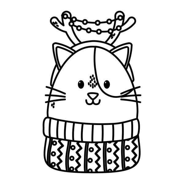 Cute cat with horns sweater celebration happy christmas thick line — Stockový vektor