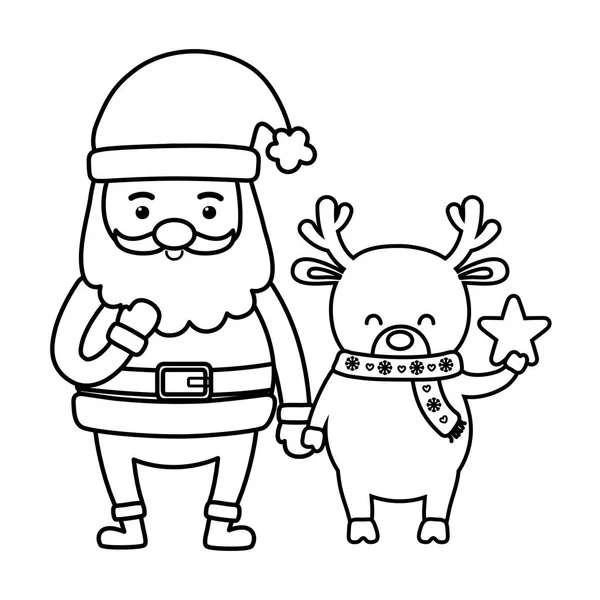Santa and reindeer with star decoration merry christmas line style — Stockový vektor