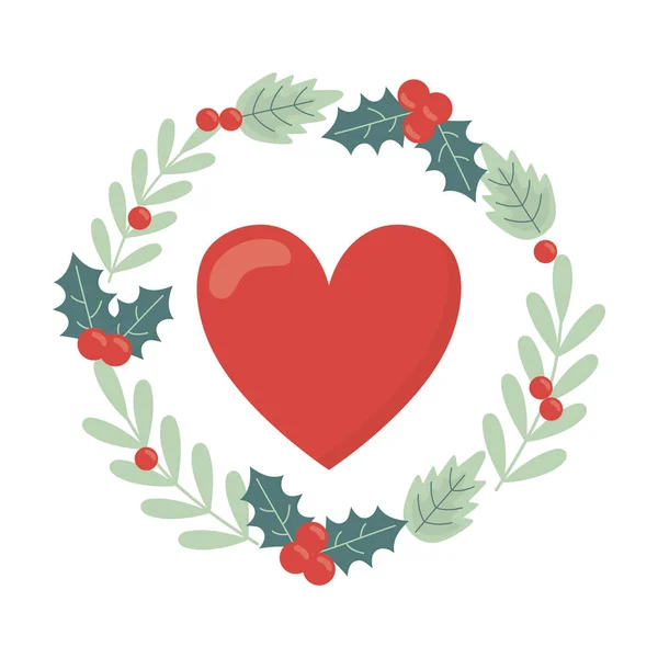 Heart with wreath holly berry decoration celebration merry christmas — Stock vektor