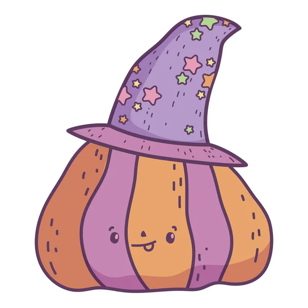 Happy halloween celebration funny striped pumpkin with hat decoration — Vector de stock